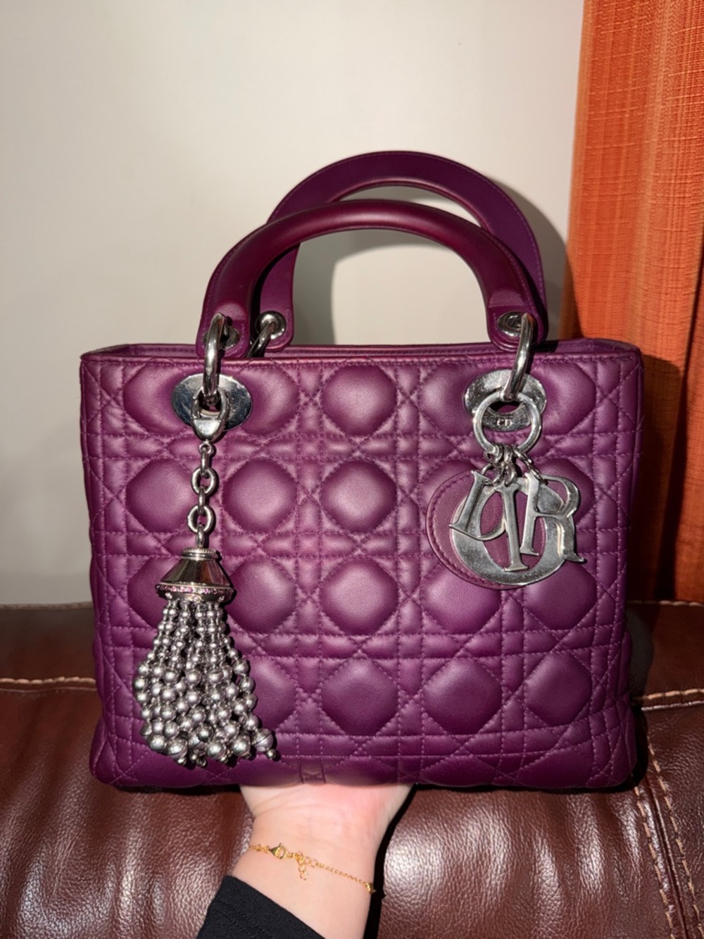 ‼️Authentic Christian Dior Lady Dior Cannage Medium Plum Leather Satchel Bag - Picture 3 of 16